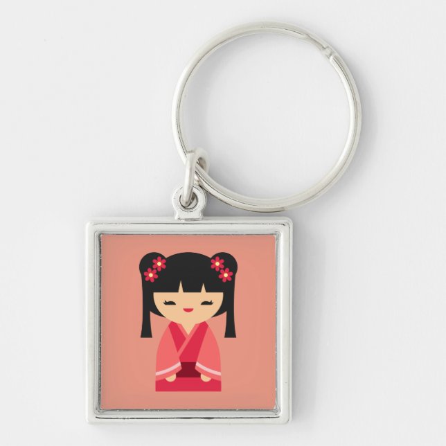 Rosa Kokeshi Japanska dockor Fyrkantig Silverfärgad Nyckelring (Framsidan)