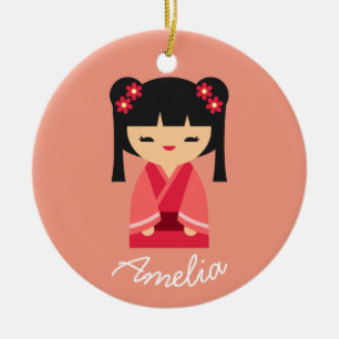 Rosa Kokeshi Japanska dockor Julgransprydnad Keramik