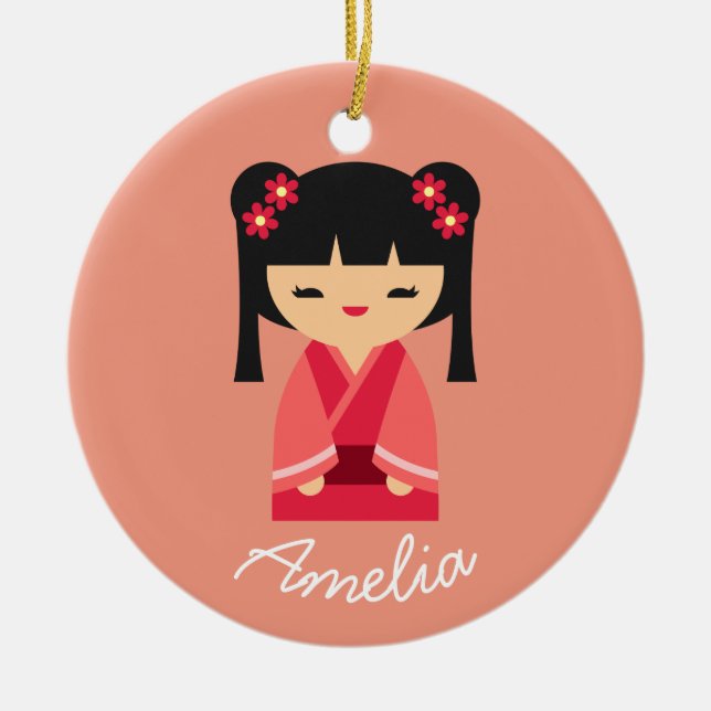 Rosa Kokeshi Japanska dockor Julgransprydnad Keramik (Framsidan)