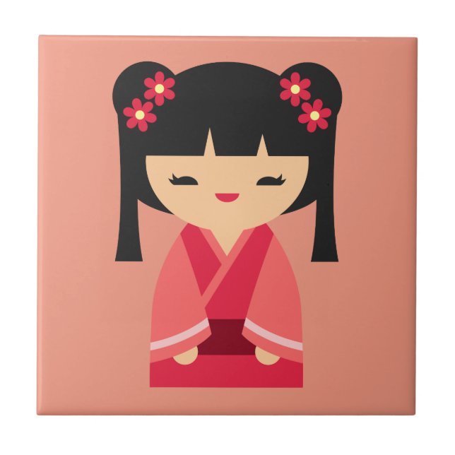 Rosa Kokeshi Japanska dockor Kakelplatta (Framsidan)