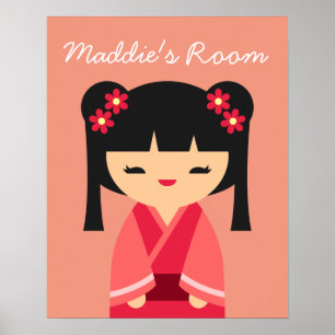 Rosa Kokeshi Japanska dockor Poster