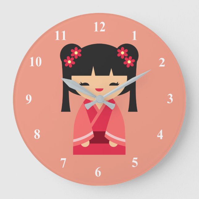 Rosa Kokeshi Japanska dockor Stor Klocka (Framsida)