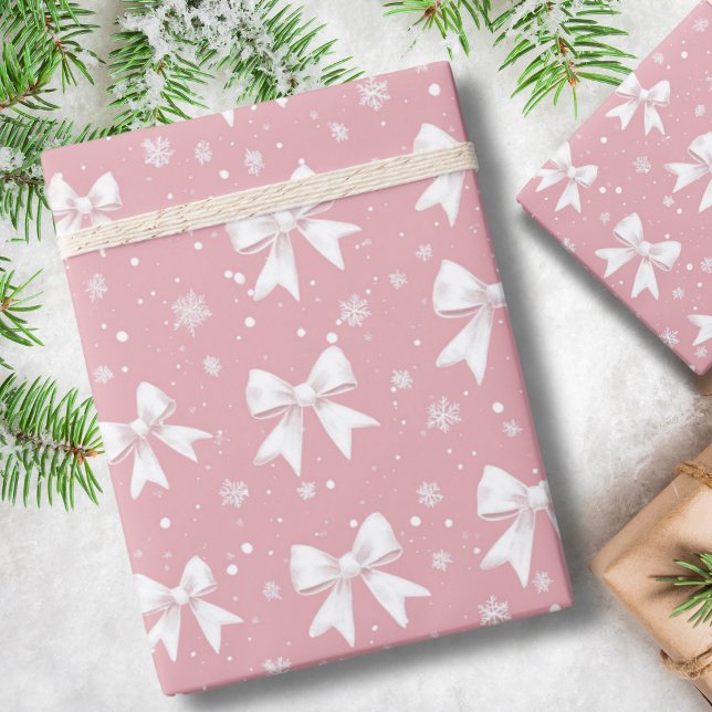 Rosa Kokett Båge Snöflinga Jul Presentpapper (Skapare uppladdad)
