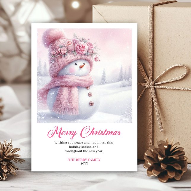 Rosa kokett snömannen barnkort redigerbar direkt julkort (Pink coquette snowman kids card editable instant)