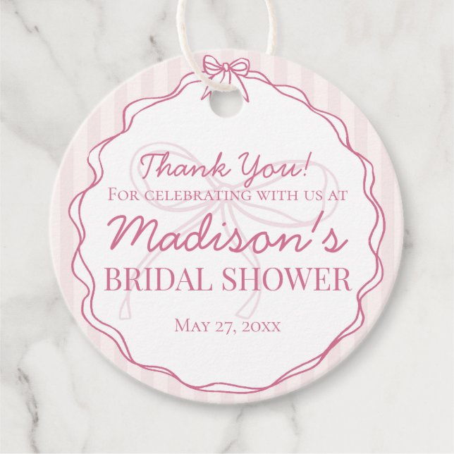 Rosa kokettbåge Pastellrandig bröllopsdusch Gåvor Etiketter (Framsida)