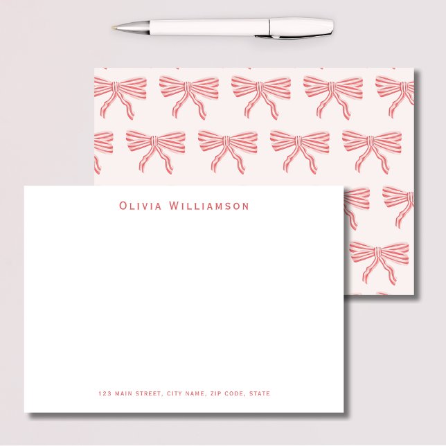Rosa kokettband tack kort (Cute pink striped bow personalized notecards for coquette aesthetic.)