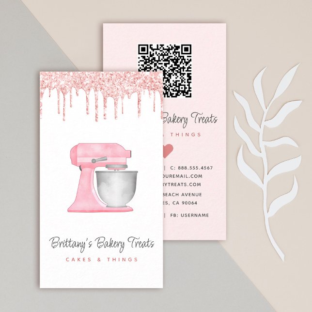 Rosa köksmixer med glitterdropar QR-kod Visitkort (Skapare uppladdad)
