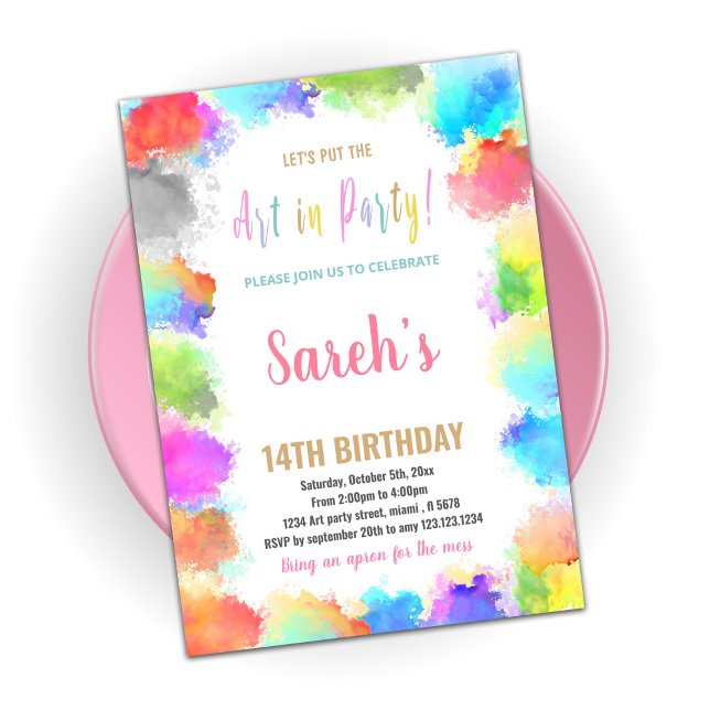 Rosa konst i Party Paint Birthday-inbjudan Inbjudningar (Skapare uppladdad)