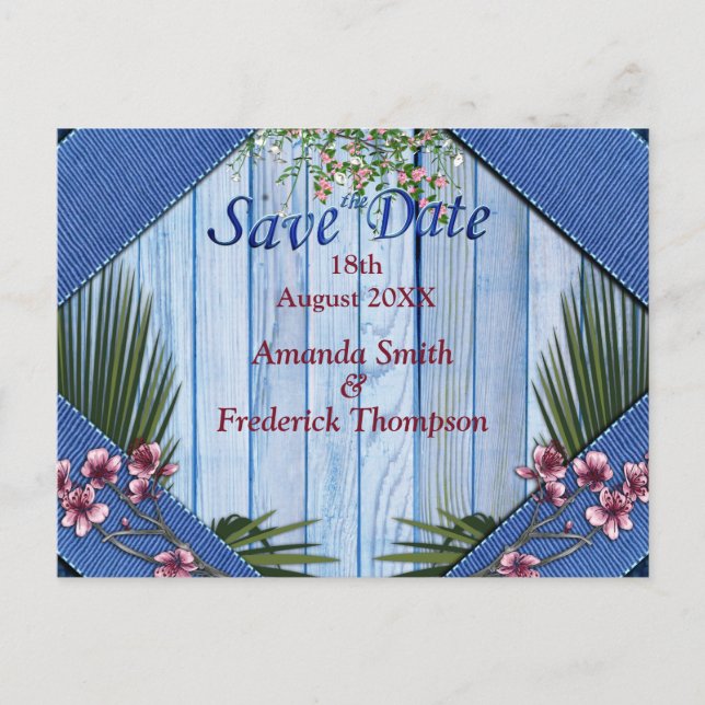 Rosa konstnärliga blommor på blå trästruktur meddelande vykort (Framsida)