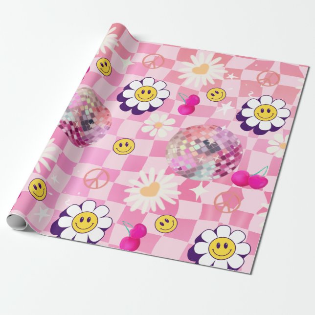 rosa kontrollerad Retro Groovy Presentpapper (Utrullad)