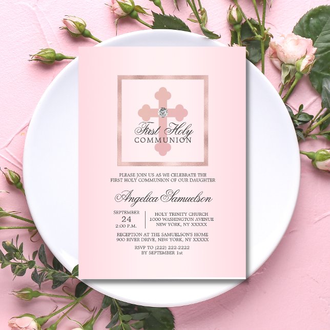 Rosa Kor First Heliga Communion GIRL Inbjudningar (Skapare uppladdad)