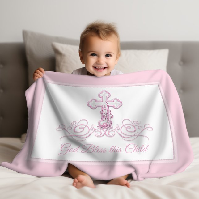 Rosa Kor Flicka Baptism Blanket Fleecefilt (Pink cross christening and baptism baby blanket. Personalize with your text or leave as is.)