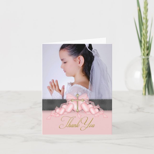 Rosa Kor Foto First Communion Tack Cards (Framsida)