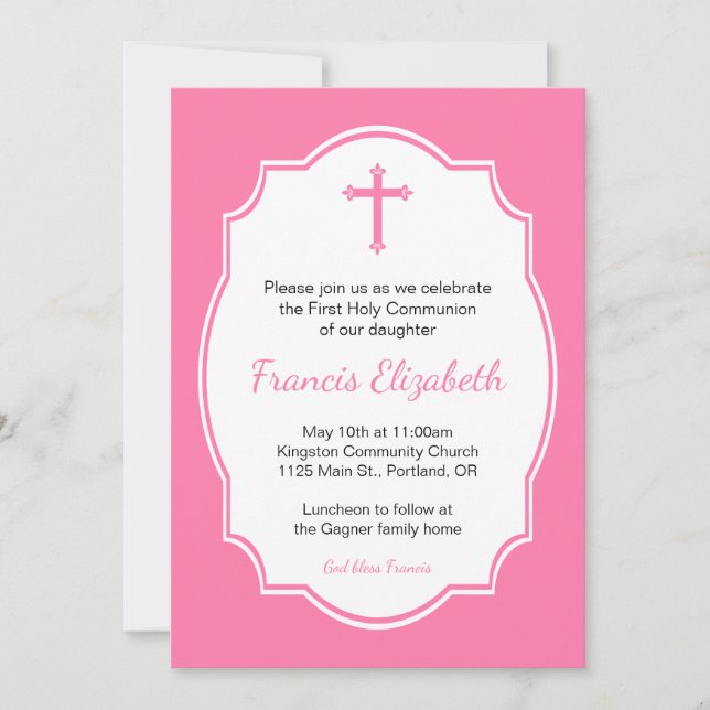 Rosa Kor Girl First Heliga Communion Inbjudningar (Framsida)