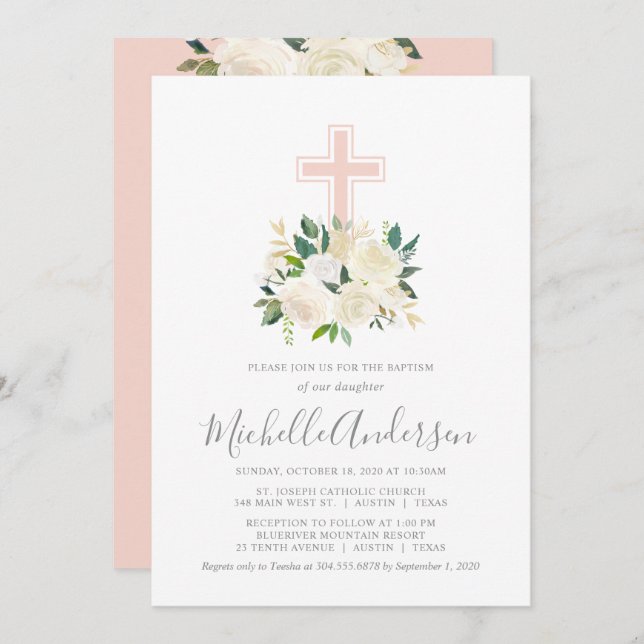  Rosa Kor med Cream-Blommigtar, flickor, baptism Inbjudningar (Fram/baksida)