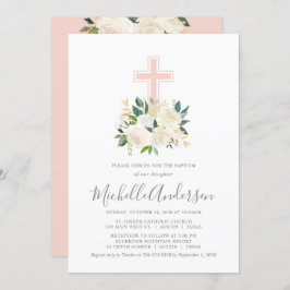  Rosa Kor med Cream-Blommigtar, flickor, baptism Inbjudningar