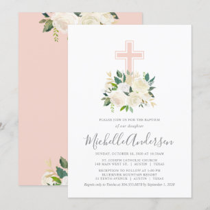 Rosa Kor med Cream-Blommigtar, flickor, baptism Inbjudningar