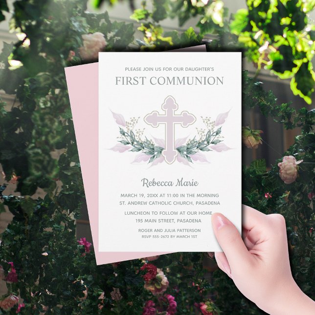 Rosa Kor och Löv Första kommissionen Inbjudningar (Pink Cross and Leaves First Communion Invitations)
