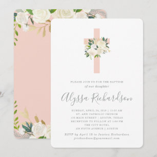 Rosa Kor och vitblommor Flickbaptism Inbjudningar