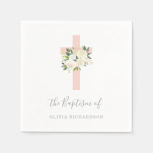 Rosa Kor och vitblommor Flickbaptism Pappersservett