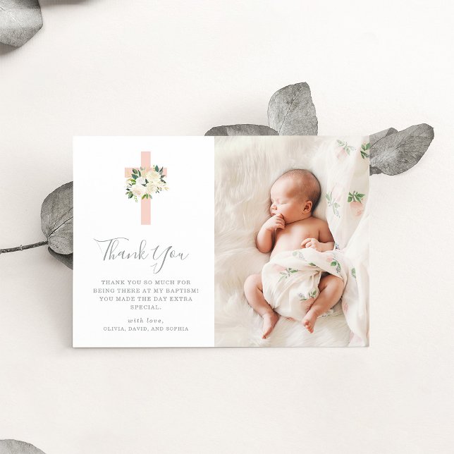  Rosa Kor och vitblommor | Fotodobaptism Tack Kort (Skapare uppladdad)