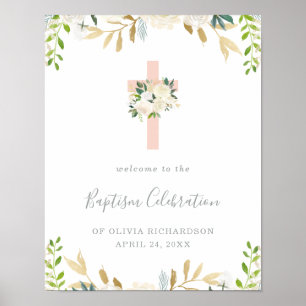 Rosa Kor och vitblommor Välkomsthälsning för bap Poster