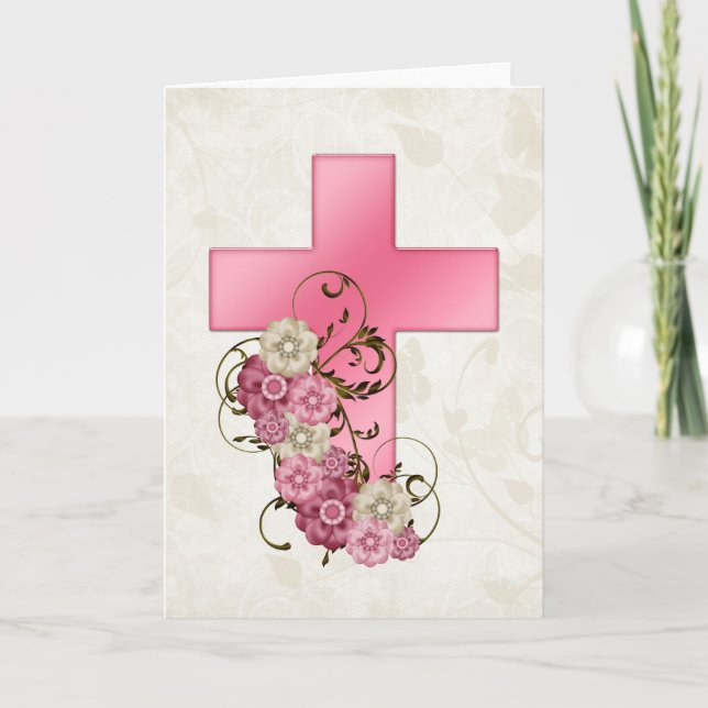 Rosa Kor w Blommor 1 Christian Greeting Card Helgkort (Framsida)