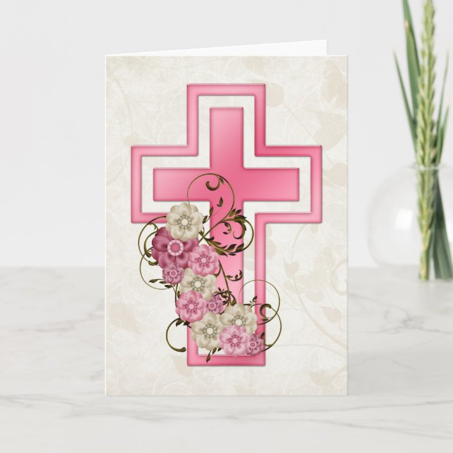 Rosa Kor w Blommor 2 Christian Greeting Card Helgkort (Framsida)