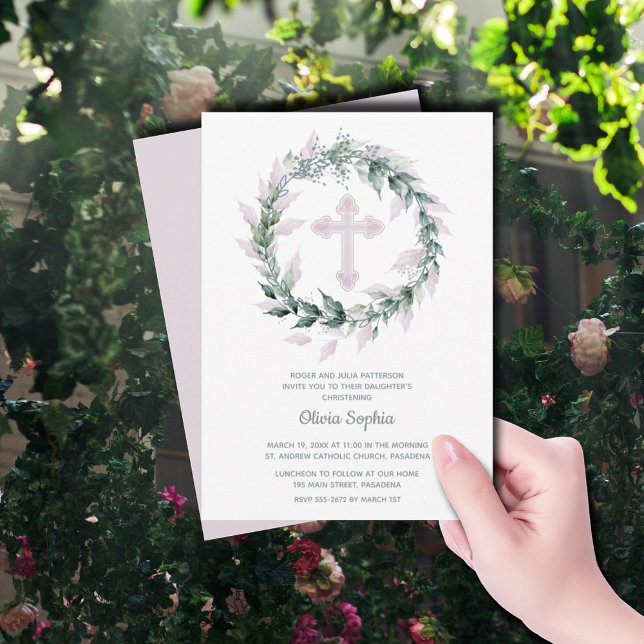 Rosa Kor Wandefrand Christening Inbjudningar (Pink Cross Wreath Christening Invitations)