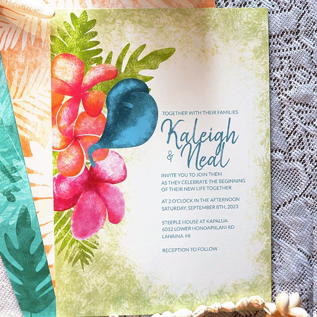 Rosa, koral, inbjudan till tropisk gallasbröllop (Wedding Invite w/Coral,  Pink Plumeria Flowers w/ Tropical Teal Calla Lily and Green Island Leaves)