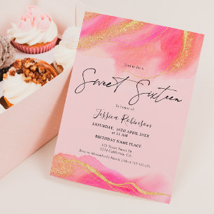 Rosa korall akvarell guld glitter foto Sweet 16 Inbjudningar
