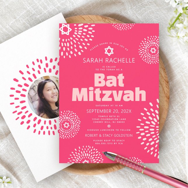 Rosa Korall Bat Mitzvah Foto Stjärnexplosion Djärv Inbjudningar (Skapare uppladdad)