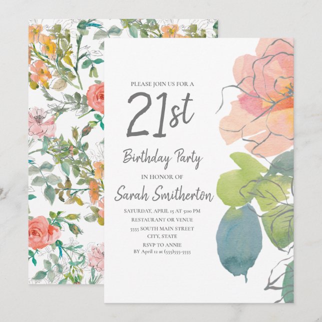 Rosa korall boho akvarell blommig 21-årsdag inbjudningar (Fram/baksida)