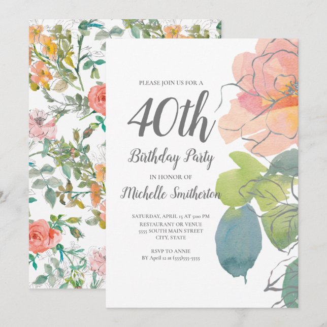 Rosa korall boho akvarell blommig 40-årsdag inbjudningar (Fram/baksida)
