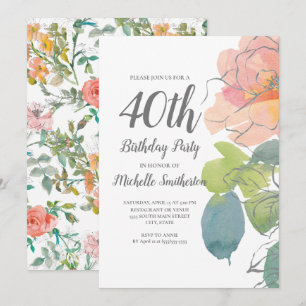 Rosa korall boho akvarell blommig 40-årsdag inbjudningar