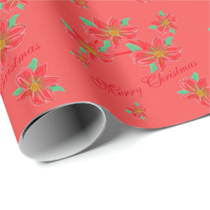 Rosa korall och röda julstjärnor presentpapper