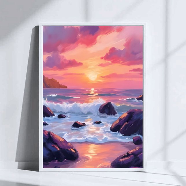 Rosa korall solnedgång | Oceanens vågor akvarell Poster (Skapare uppladdad)