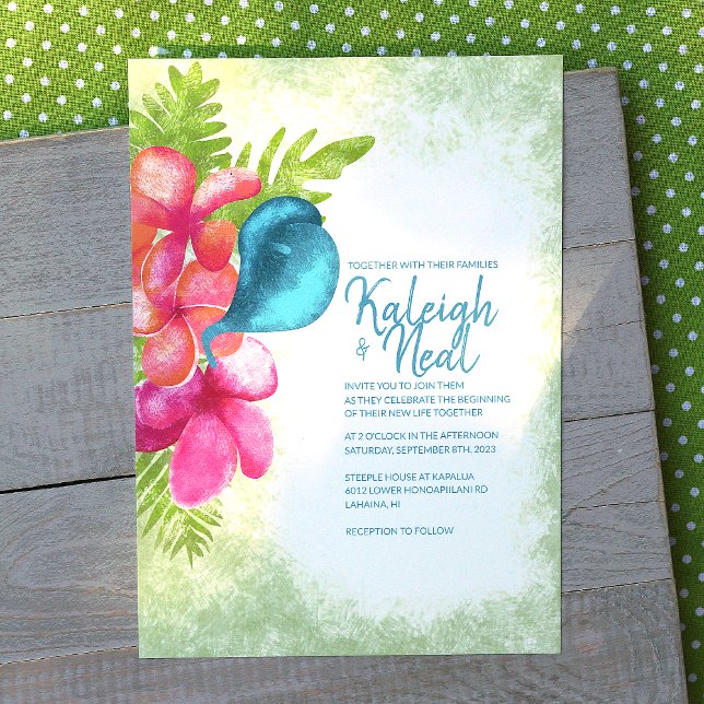 Rosa, korall, tropisk teal bröllopsinbjudan inbjudningar (tropical teal calla lily, coral orange, pink plumeria flowers wedding invitations)