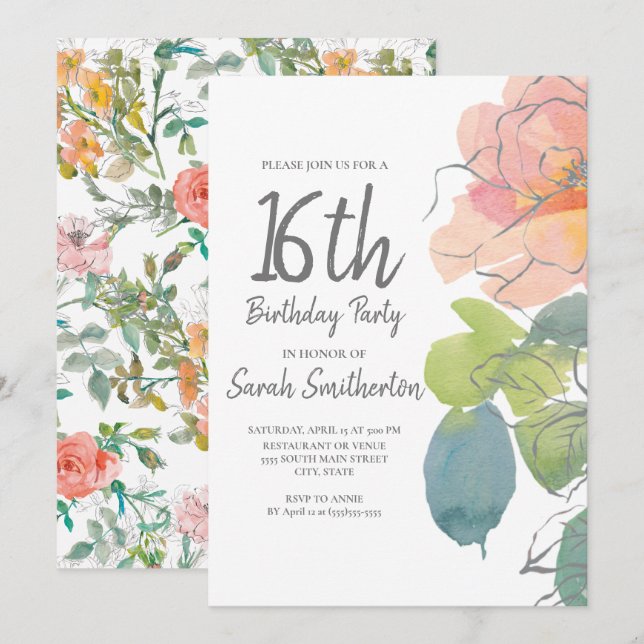 Rosa korallboho akvarellblomma Sweet 16 Inbjudningar (Fram/baksida)