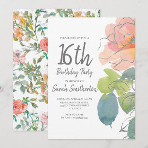 Rosa korallboho akvarellblomma Sweet 16 Inbjudningar