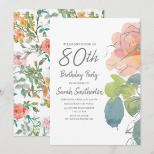 Rosa korallboho akvarellblommor 80-årsdag inbjudningar