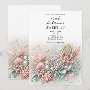 Rosa koraller & pärlor under havet Sweet 16 Inbjudningar