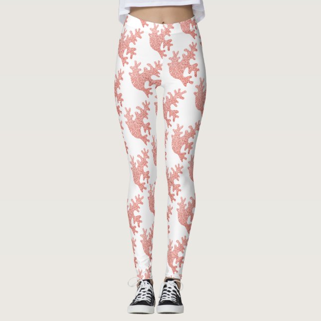 Rosa korallljus, pastellskärmar, vita mönster leggings (Framsida)