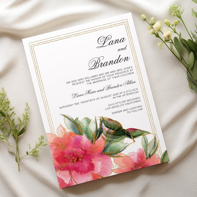Rosa korallmint vit guld glitter blommig bröllop inbjudningar (Pink coral mint white gold glitter floral wedding)