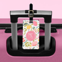 Rosa korallvattenfärg Blommönster Monogramnamn Bagagebricka