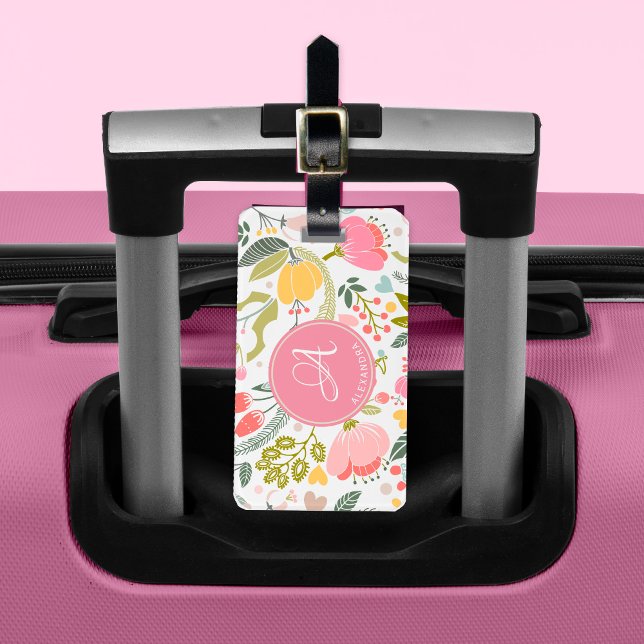 Rosa korallvattenfärg Blommönster Monogramnamn Bagagebricka (Skapare uppladdad)