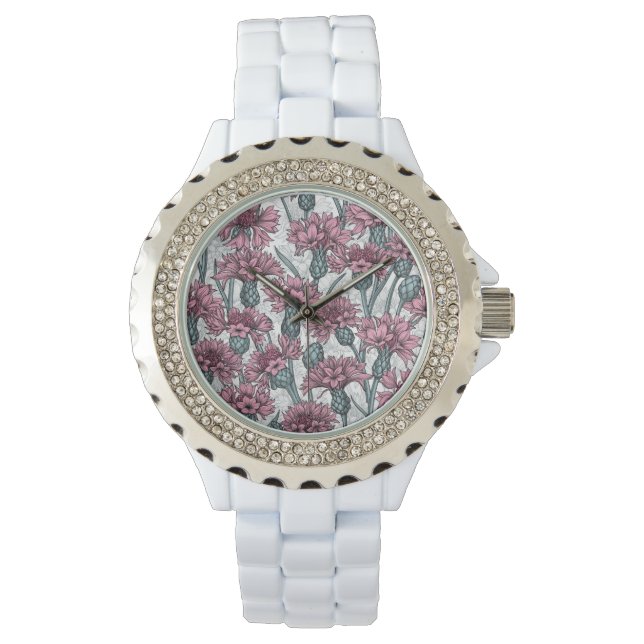 Rosa kornblommor, vild blommor på vitt armbandsur (Framsida)