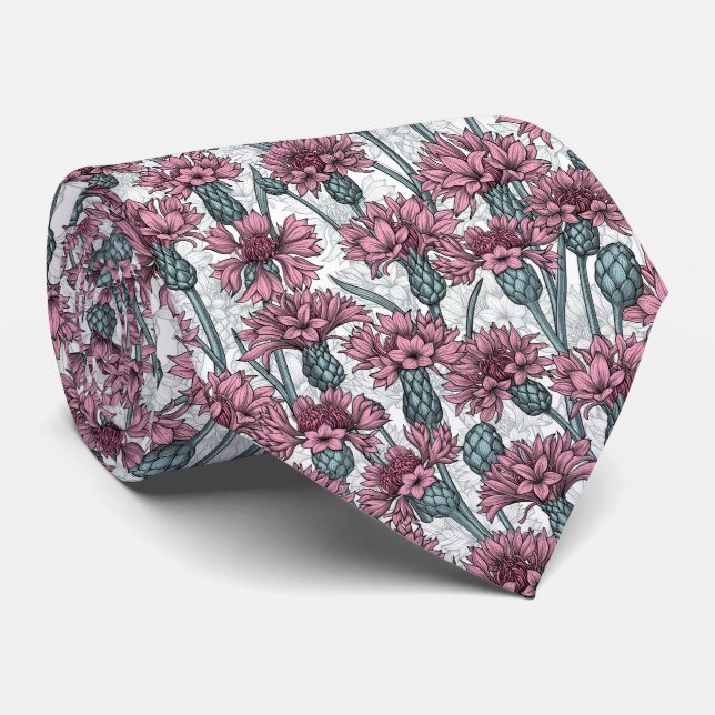 Rosa kornblommor, vild blommor på vitt slips (Rullad)