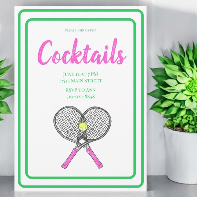 Rosa korsade tenniskracketar cocktailpartyballonge inbjudningar (Skapare uppladdad)