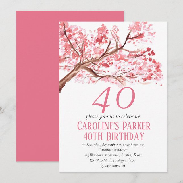 Rosa körsbärsblom 40-års födelsedag floral inbjudningar (Fram/baksida)